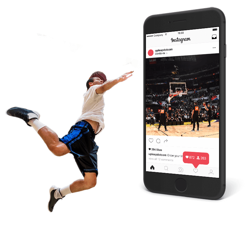 Basketball player dunking while using Upleap to get more Instagram followers.