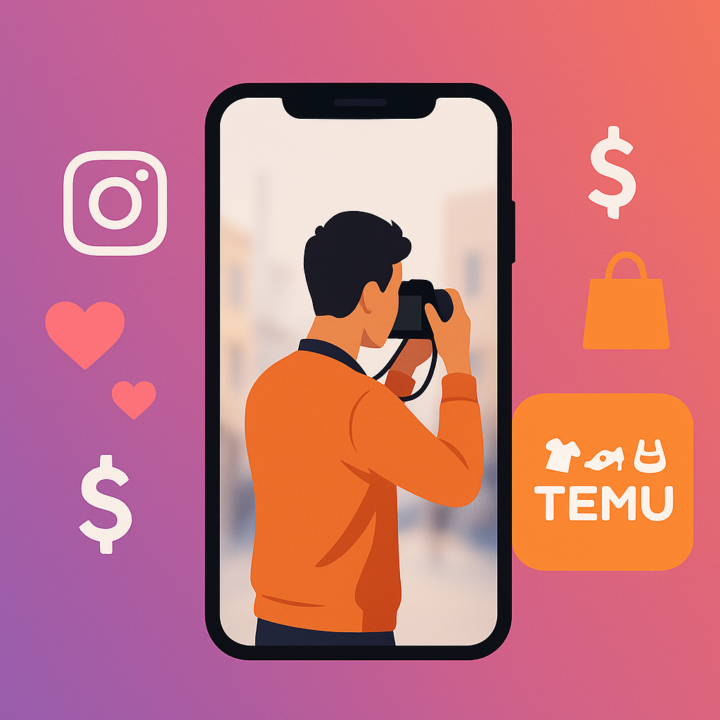 Illustration of a person taking a photo with a smartphone on-screen, surrounded by hearts, dollar signs, and shopping icons. Instagram and TEMU logos appear on each side over a pink-to-orange gradient background, symbolizing social influence and e-commerce.