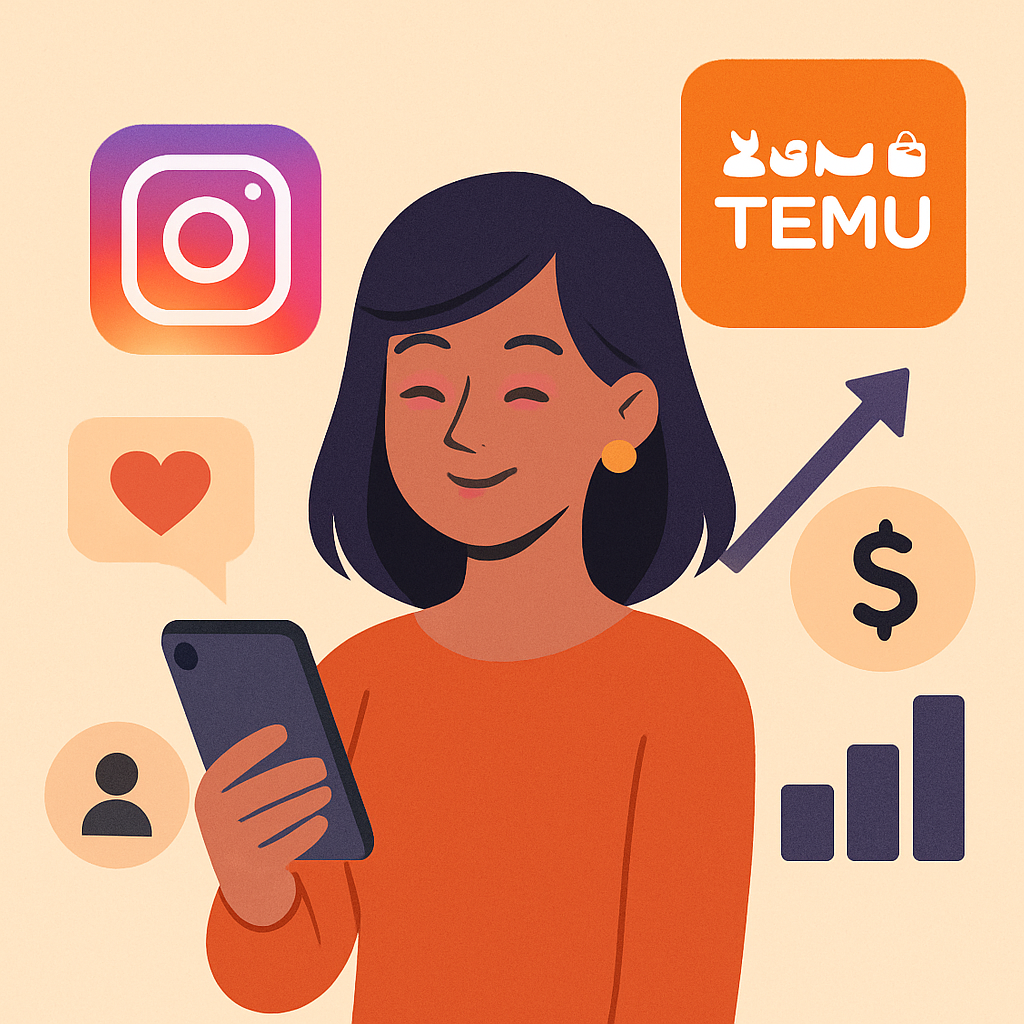 Illustration of a woman holding a smartphone surrounded by social media icons, including Instagram and Temu, with symbols of growth and earnings.