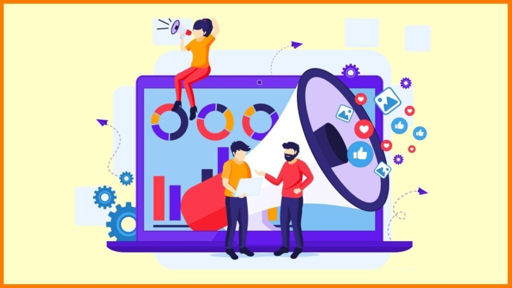 Illustration of people using digital marketing tools, featuring a large laptop, charts, a megaphone, and social media icons like likes and shares.