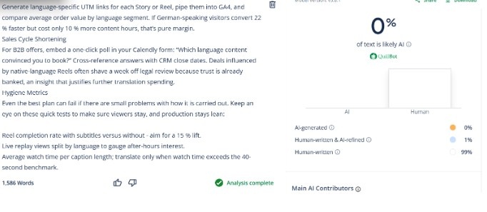 Screenshot of an AI content analysis dashboard showing text evaluation results, word count, and AI versus human writing percentages.