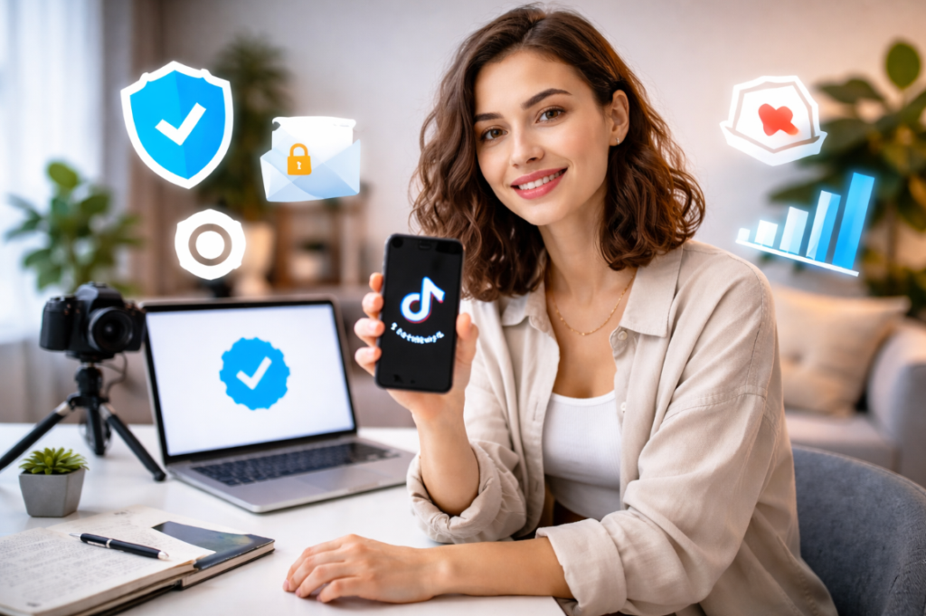 girl showing tiktok logo