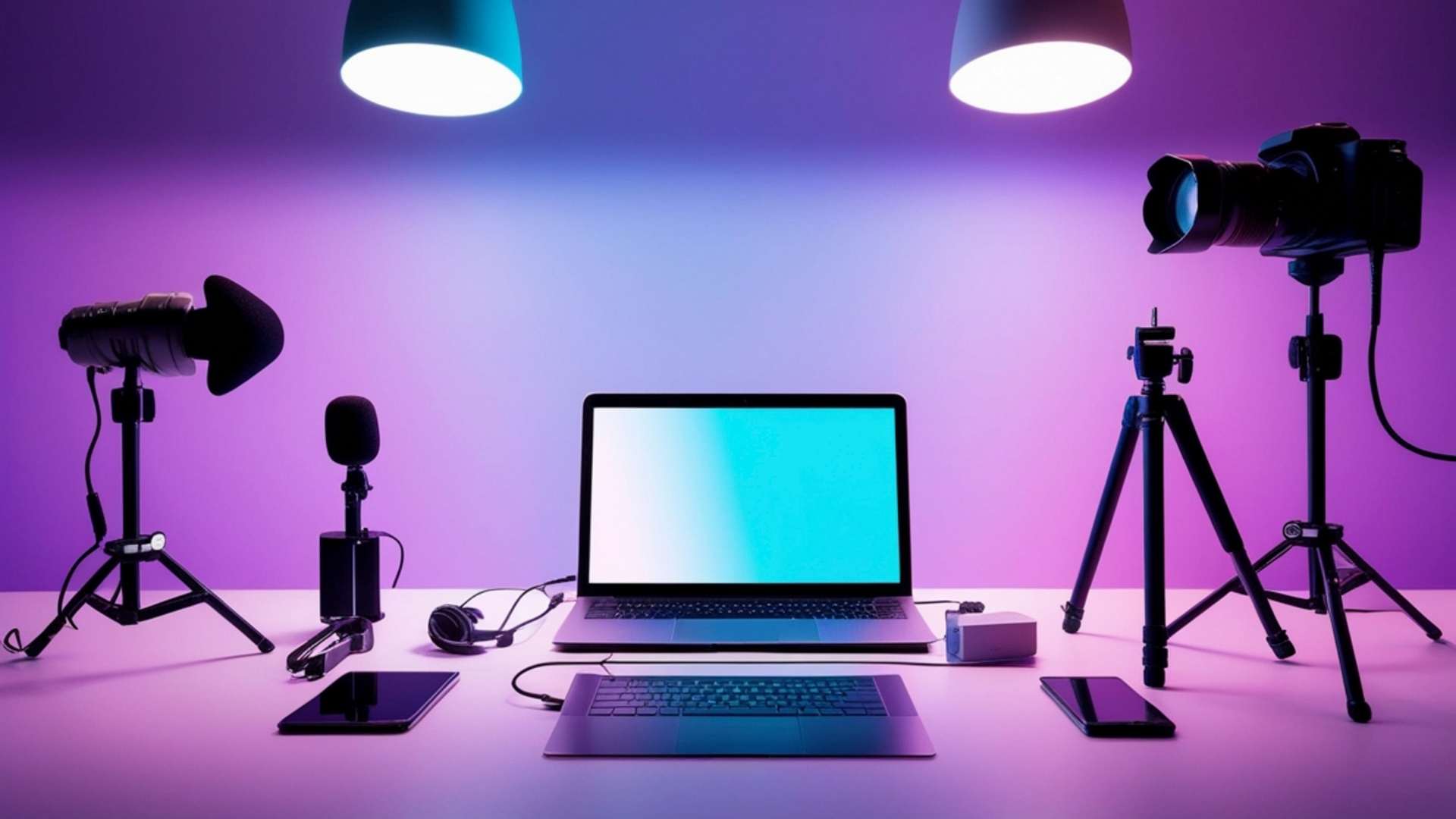 Content creation setup with cameras, lighting, laptop, microphone, and phones for social media visual storytelling