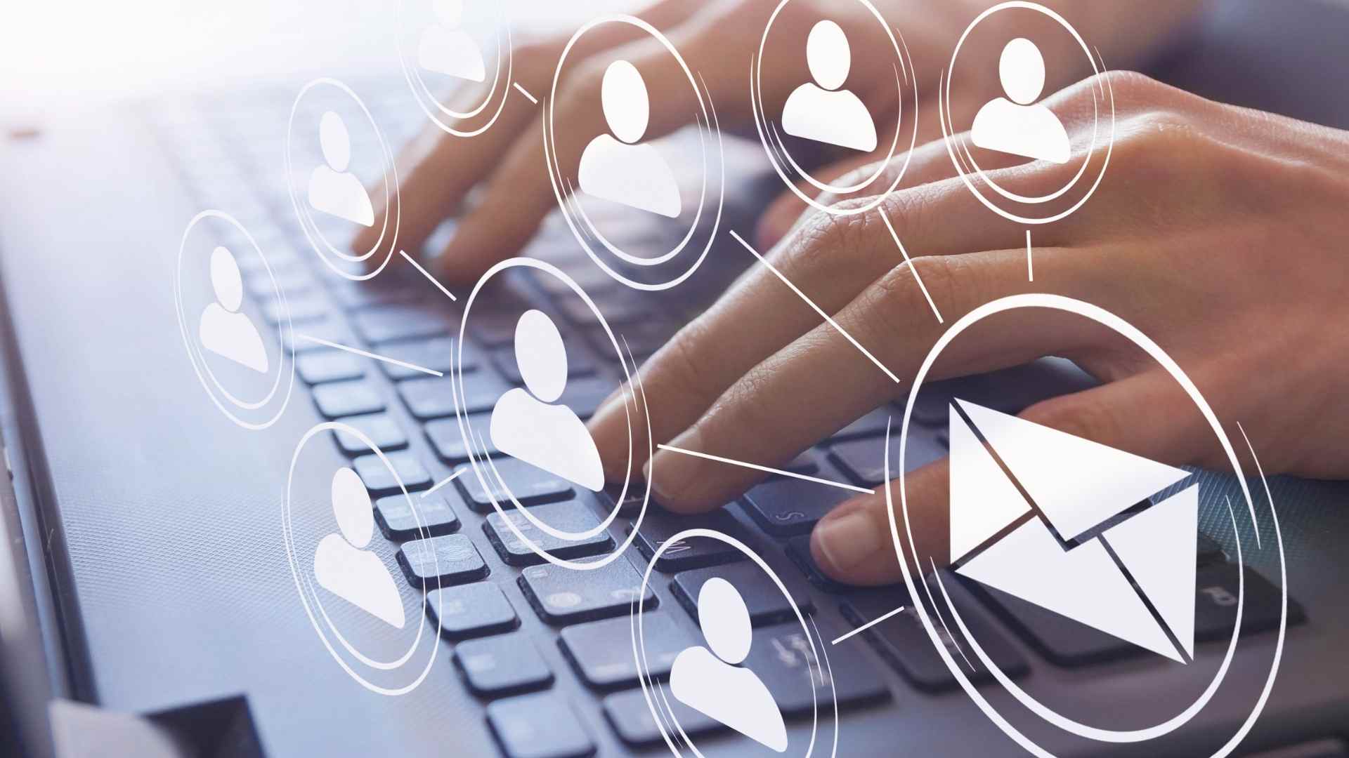 Client communication network with email icon representing automated outreach and relationship management