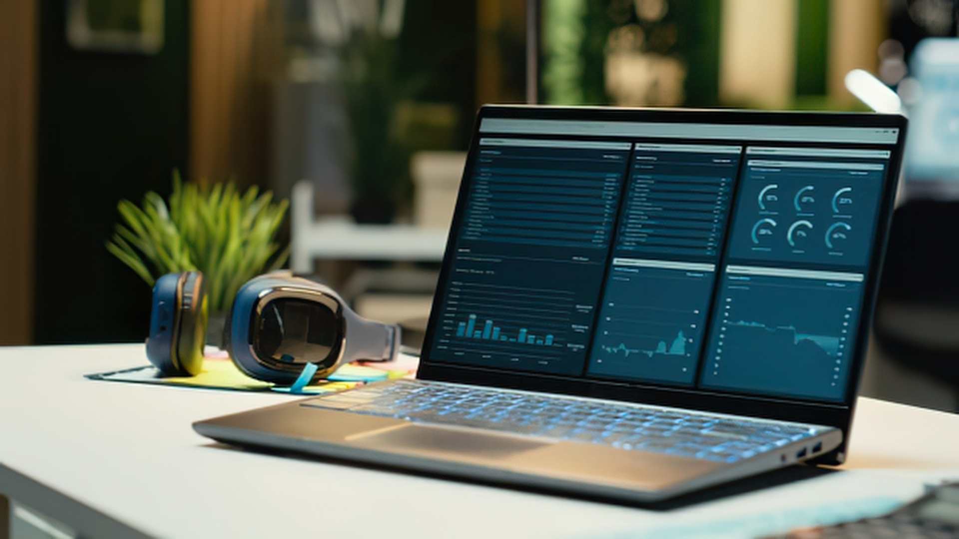 Laptop showing analytics dashboards for measuring social media performance and business marketing results