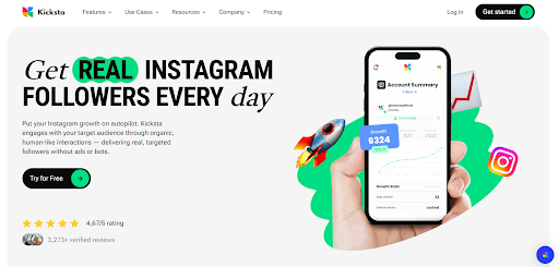 Screenshot of Most trusted instagram growth service - Kickstas homepage
