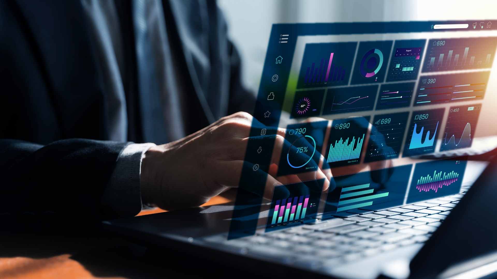 Social media analytics dashboard showing data charts, performance metrics, and brand monitoring insights