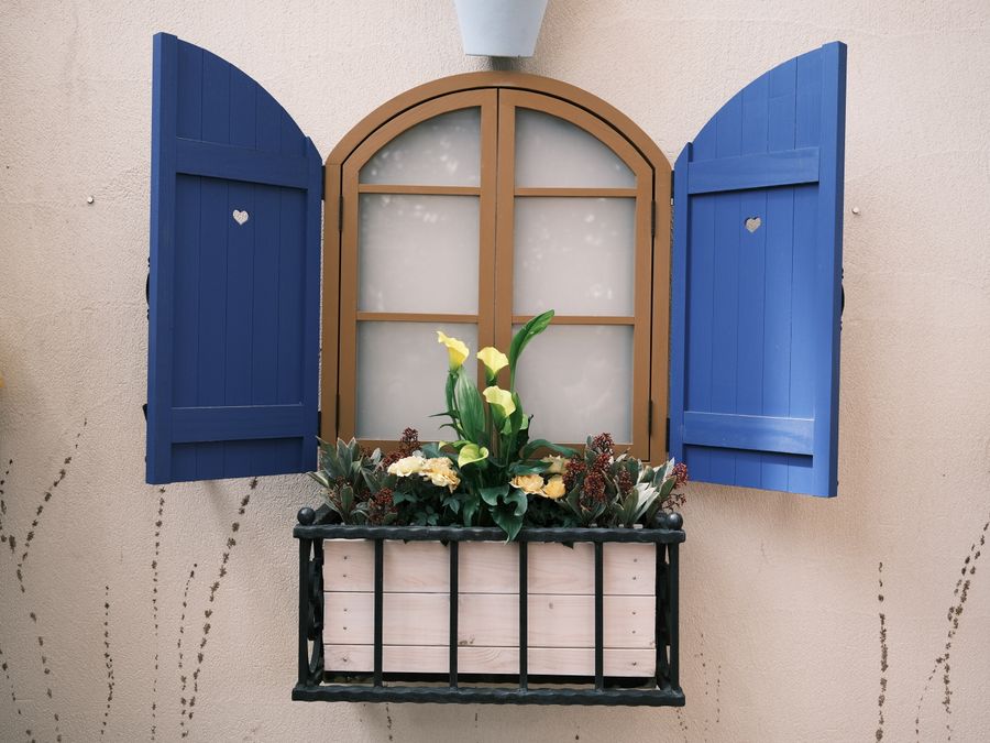 A picturesque window with blue shutters and a vibrant flower box, adding charm to the exterior.