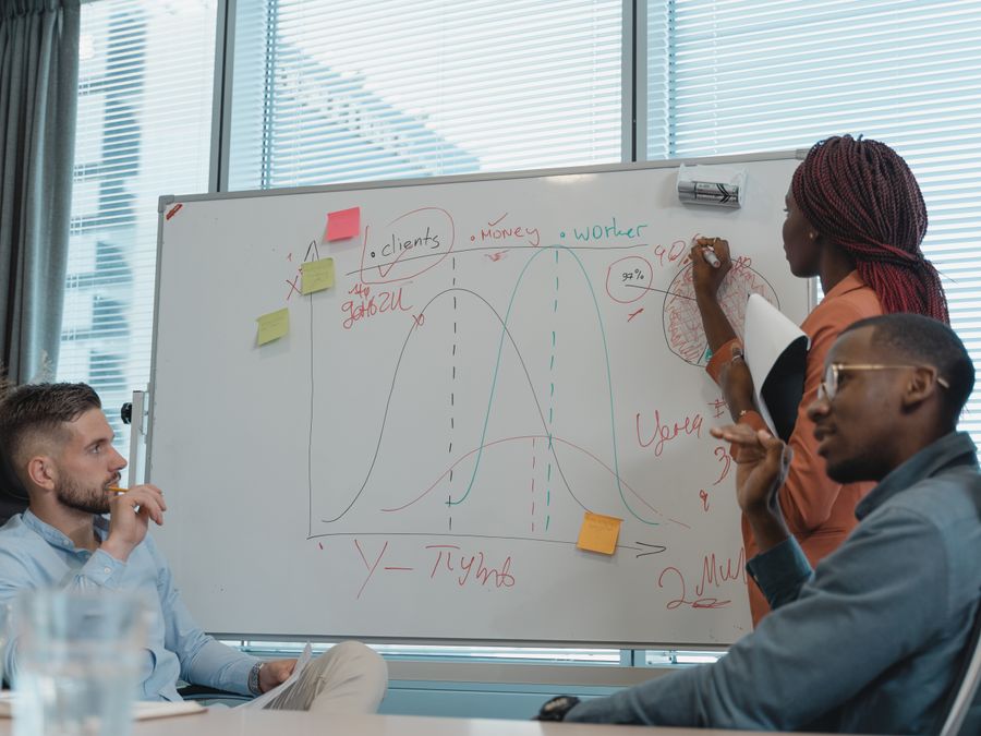A diverse team in a modern office collaborating on a business strategy, using a whiteboard for brainstorming.