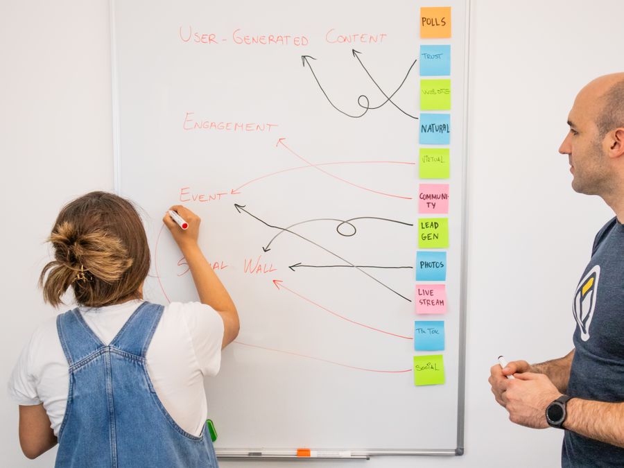 Two colleagues collaborate on a marketing strategy using a whiteboard, focusing on user-generated content.