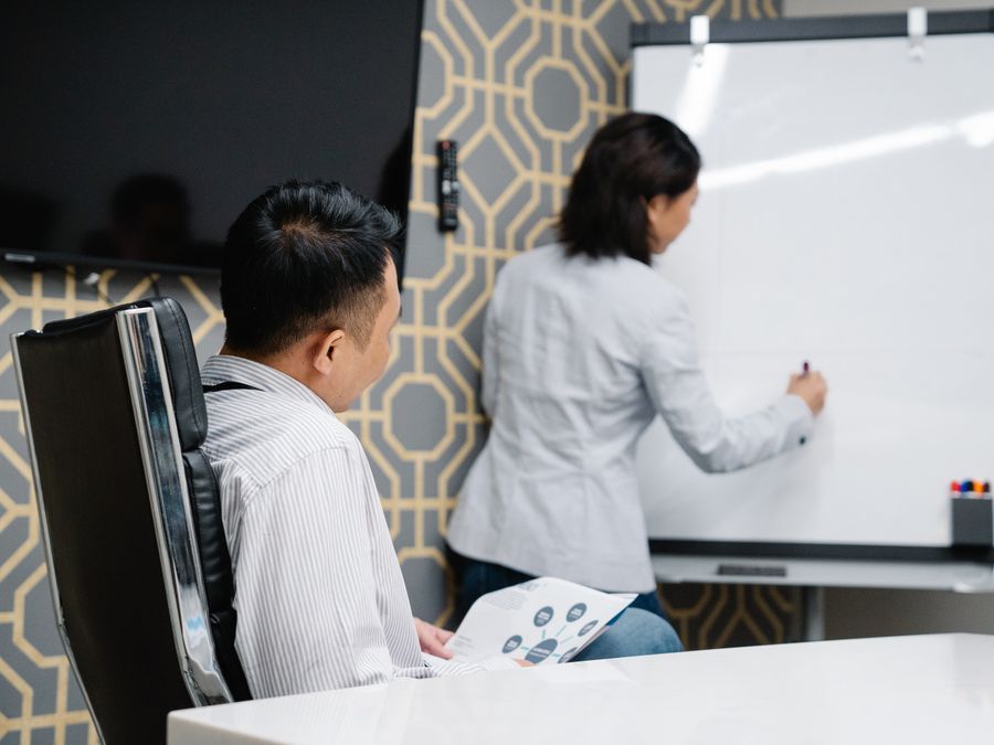Business professionals engaging in a collaborative meeting using a whiteboard for brainstorming.