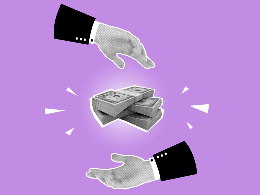 Decorative cardboard appliques representing piles of banknotes between hands of business partners on violet background