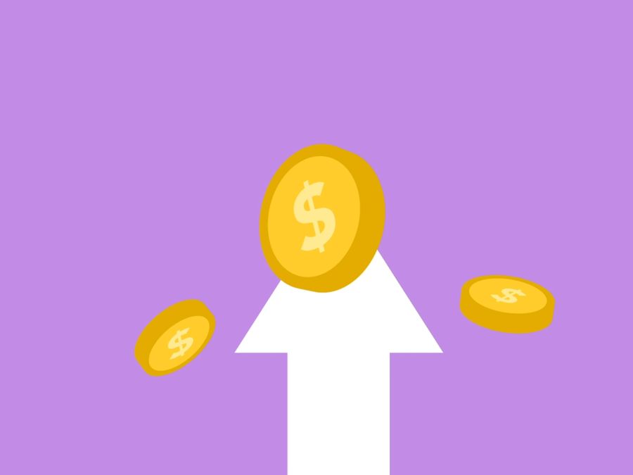 Decorative cardboard appliques of arrow and dollar coins representing income concept on violet background
