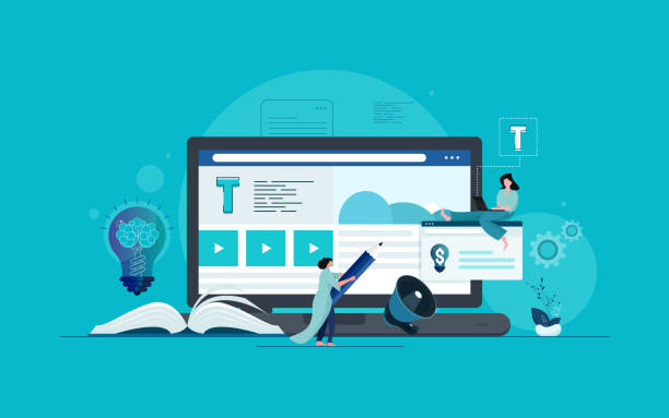 Illustration of digital content tools with a laptop, text editor, video blocks, and creative elements for online content creation