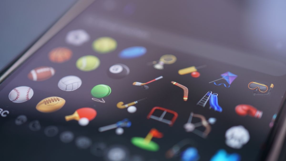A detailed view of various sports-themed emojis displayed on a smartphone screen.