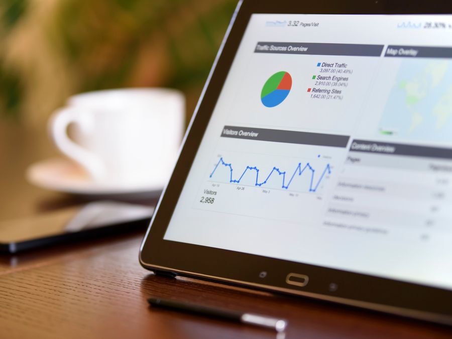 Close-up of a tablet displaying analytics charts on a wooden office desk, alongside a smartphone and coffee cup.