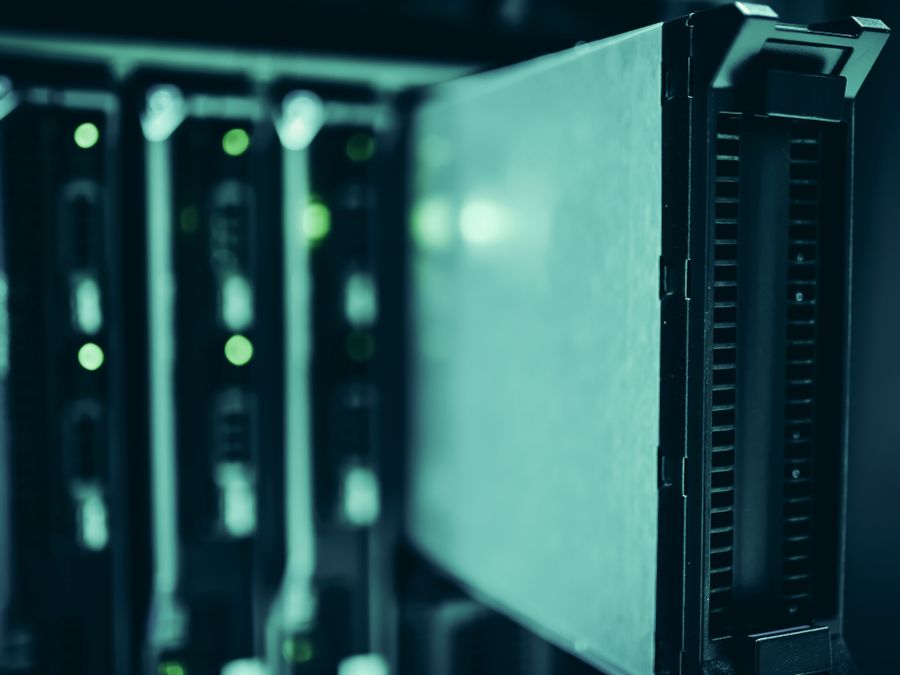 Close-up of server racks in a data center highlighting modern technology infrastructure.
