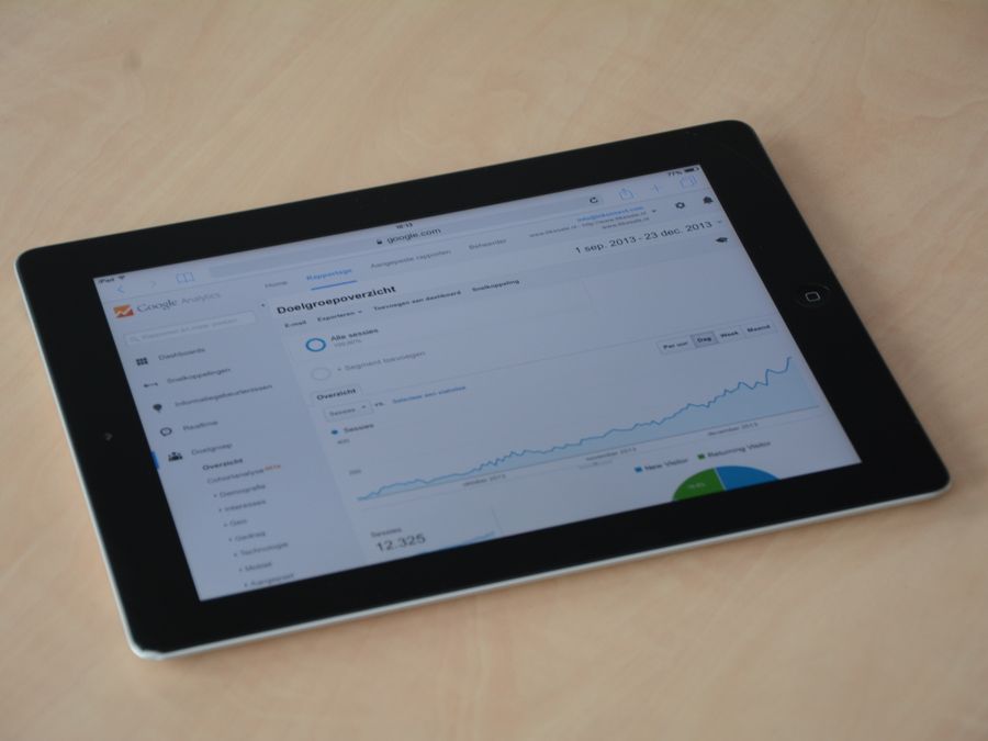 A digital tablet showing a web analytics dashboard with graphs and charts.
