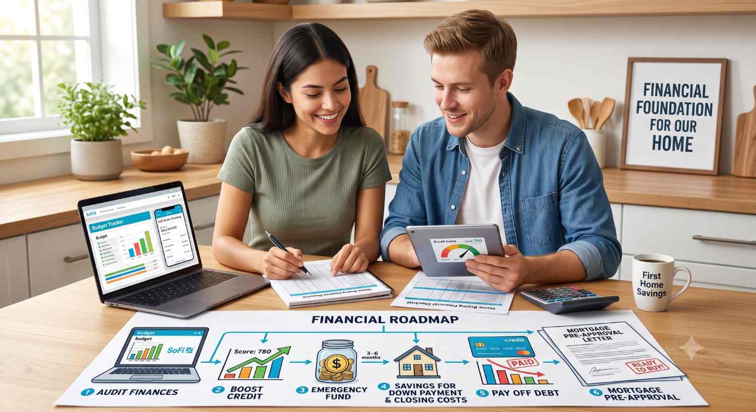 First-time home buyers planning finances, savings, credit, and mortgage pre-approval before purchasing a home