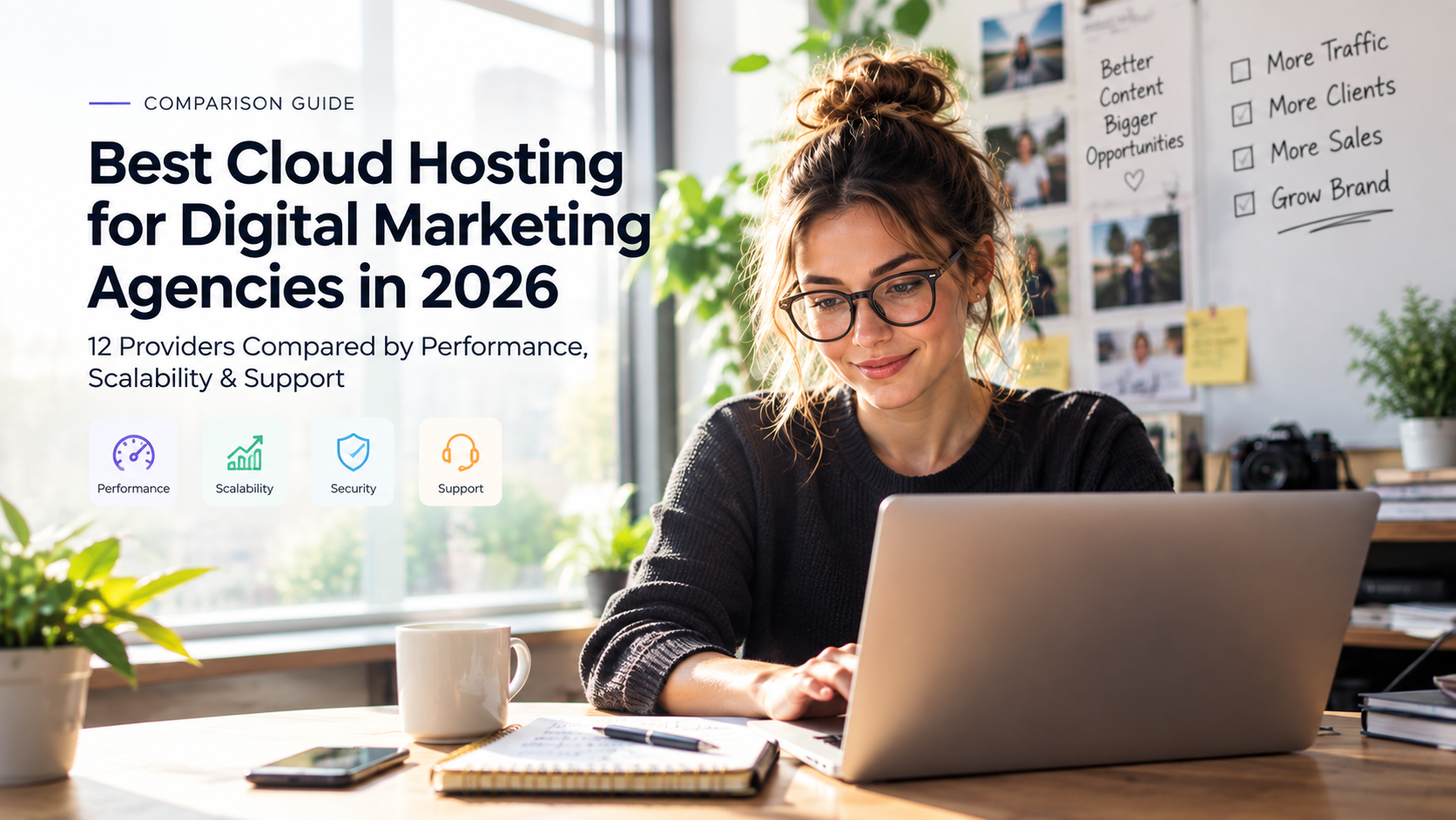 Digital marketing professional comparing cloud hosting providers for performance, scalability, security, and support
