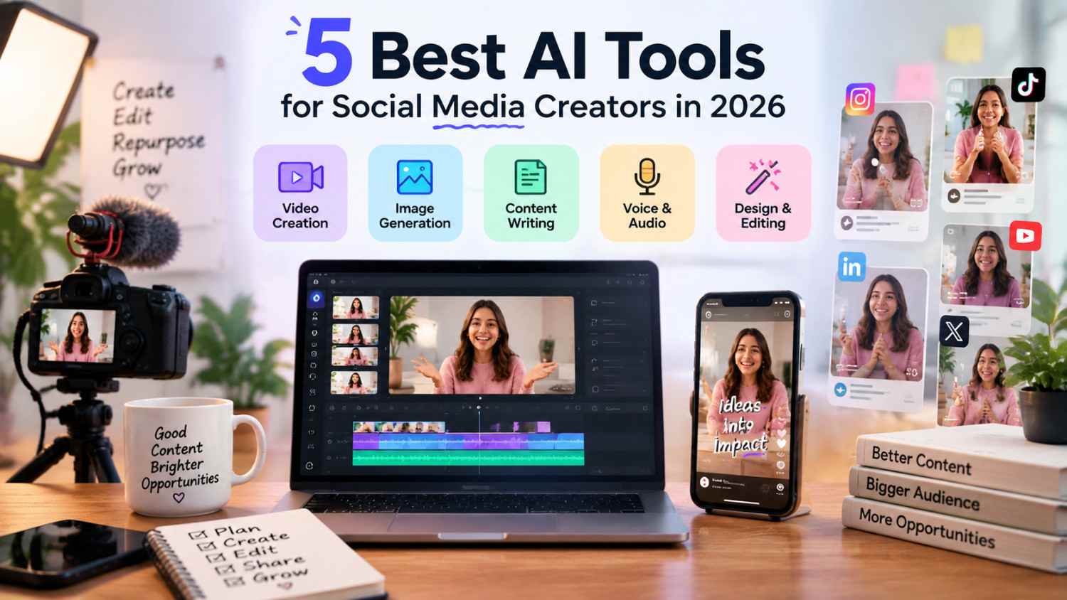 Social media creator workspace featuring AI tools for video creation, image generation, content writing, audio, and editing