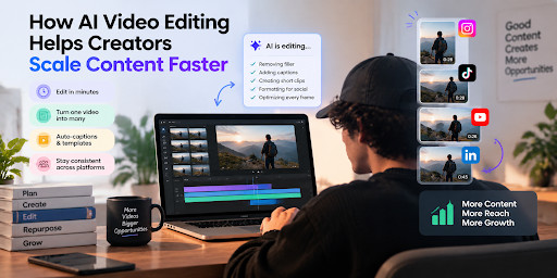 Creator using AI video editing tools to repurpose footage, speed up editing, and create social media content for multiple platforms