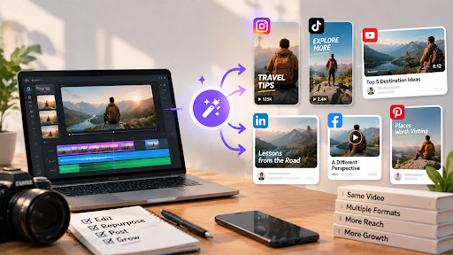 Creator repurposing one video into multiple social media posts for Instagram, TikTok, YouTube, LinkedIn, and Facebook